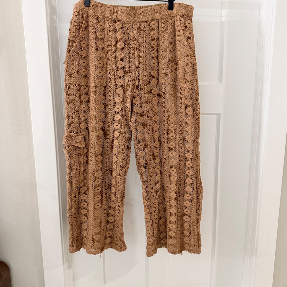 Anthropologie Crochet Cargo Pants Tan Brown Wide Leg XL Boho Beachy Coastal Knit